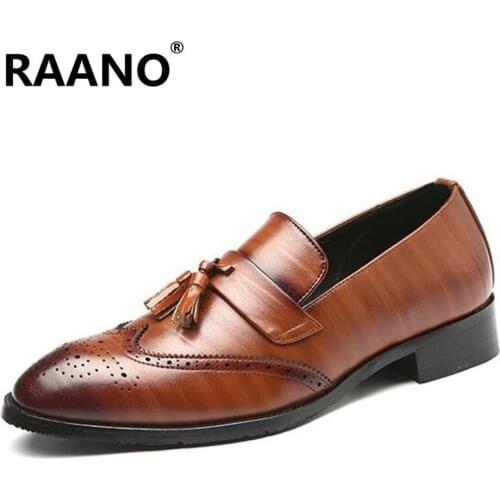 Men Tassel pendant Wedding Dress Shoes Handmade Brogue Style Party Shoes Male Flat Oxfords Genuine Leather Formal Business Shoes