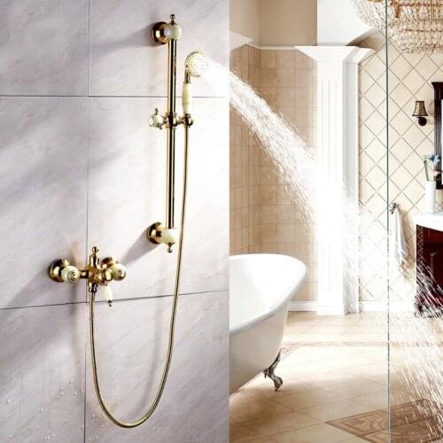 European style Gold Bathroom shower faucet set Luxury Hot and cold water Rainfall faucet Exquisite Natural Jade