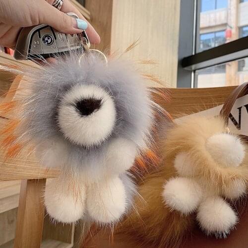2021 New 100%Mink Fur Little Lion Keychain Plush Animal Keychain Car Keychain Ladies Car Bag Decoration Key Ring Mother Gift