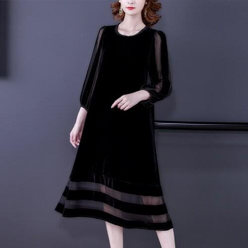 2021 Autumn Loose Black Velvet Vintage Mesh Midi Dress Spring Women Korean Solid Maxi Dress Bodycon Elegant Casual Party Vestido