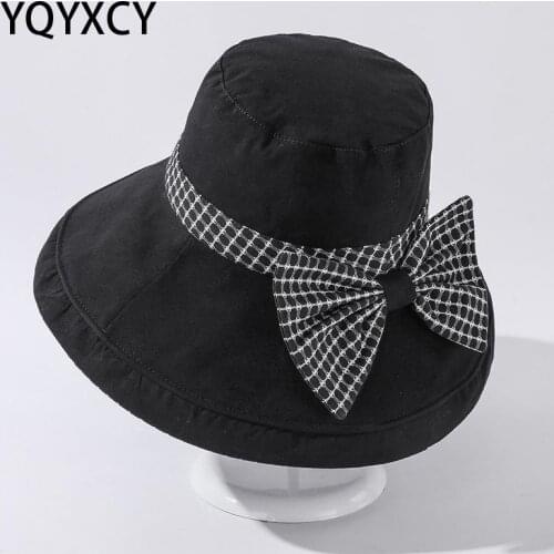 YQYXCY Bucket Hat Women Spring Summer Big Bow Plaid Sunshade Outdoor Fishing Hat Casual Sunscreen New Korea 2021