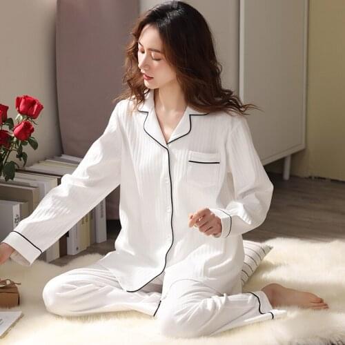 Women 100% Cotton Pajamas Winter Dormir Lounge Sleepwear White Stripe Pijama Mujer Bedroom Home Clothes Pure Cotton Pyjamas PJs