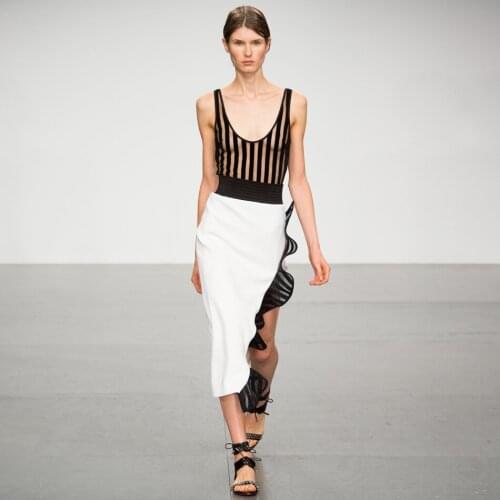 See Through Patchwork Sexy Side Slit Ruffle Striped Scoop Neck Mesh Cold Shoulder Bandage Sheath Midi Dress