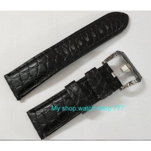 24mm Watch band strap black crocodile Genuine leather carving pattern watch buckle 44A