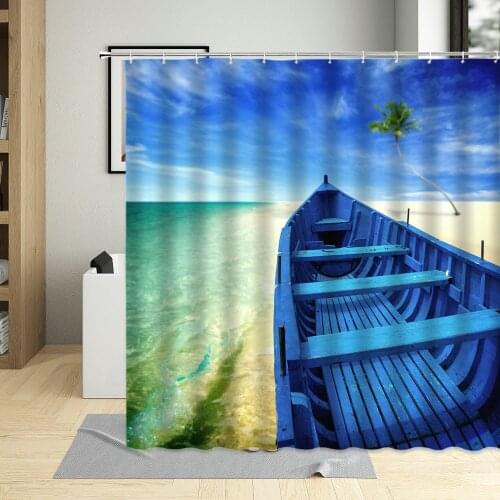 Blue Sky Seaside Beach Wooden Boat Landscape Bathroom Decor Dusk Ship Shower Curtain Polyester Fabric Curtains With 12 Hooks
