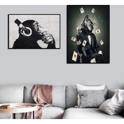 Modern Nordic HD Printing Smoking and Playing Card Monkey Wall Art Canvas Painting Abstract Mural Living Room Home Decoration