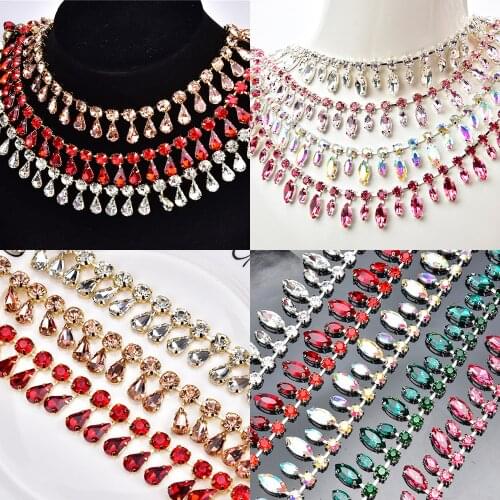 1 Yard Strass Rhinestone Cup Chain Round Teardrop Crystal Trim Gold Metal Claw Base Fringe 2cm Width DIY Party Wedding Clothes