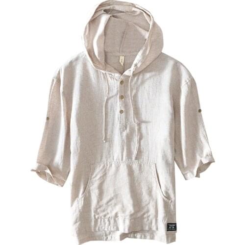 Striped Hooded Short Sleeve T-Shirt for Men Casual Cotton Linen Tops 2021 Summer New Male Fashion Japan Style Tees Thin Clothes