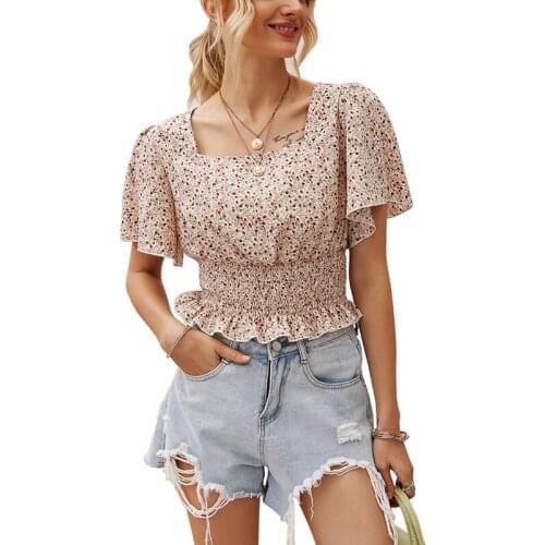 2021 Women T-Shirt Floral Print Boho Summer Slim Fit Skinny Ruffles Butterfly Short Sleeve Square Collar High Street Tight Tops