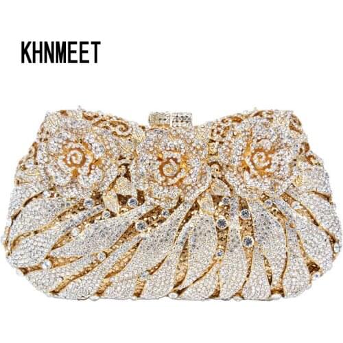 Women Crystal Evening Bag Gold Silver Flowers diamante Clutch Bag Female Party Evening Purse banquet pochette Handbags
