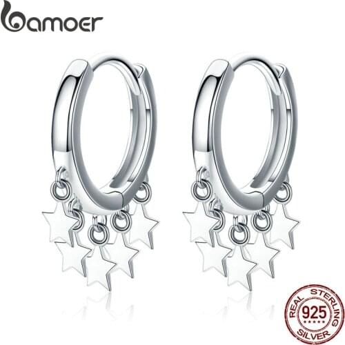 Bamoer Genuine 925 Sterling Silver Star Charm Earrings Stud Women Punk Style Fine Jewelry SCE684