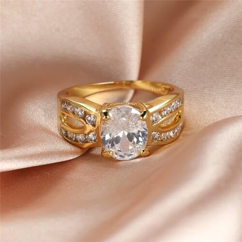 White Oval Stone Ring Vintage Yellow Gold Crystal Zircon Rings For Women Wedding Jewelry Female Fashion Engagement Promise Gifts