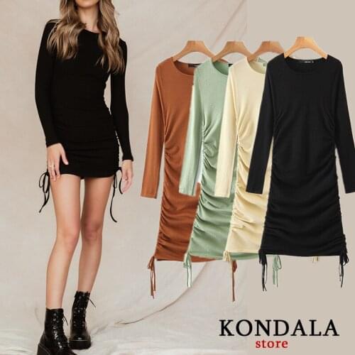 Women dress za 2020 sheath solid black green khaki slim sexy cotton dress long sleeve O-neck mini dresses autumn female vestidos