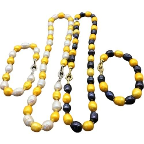 Gold White Black Natural Real Freshwater Big Rice Pearl Necklace Bracelet Earrings African Jewelry Bridal Jewelry Sets Pave