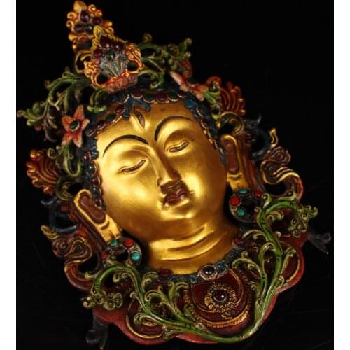 11"Tibet Buddhism Old Bronze Gem Painted outline in gold Three eyes Green Tara Buddha statue Mask Hang on the wall Buddha head