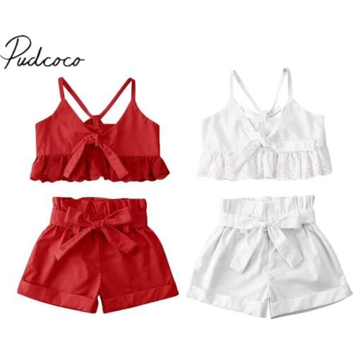 2020 Baby Summer Clothing Infant Baby Kids Girl Clothes Sleeveless Vest Lace Crop Tops+Bowknot Shorts 2Pcs Solid Sunsuit Outfit