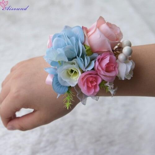 6pcs Wedding Flowers for Hand Artificial Silk Rose Wrist Corsage Bride & Bridesmaid Flower Corsage Prom Decoration Flores