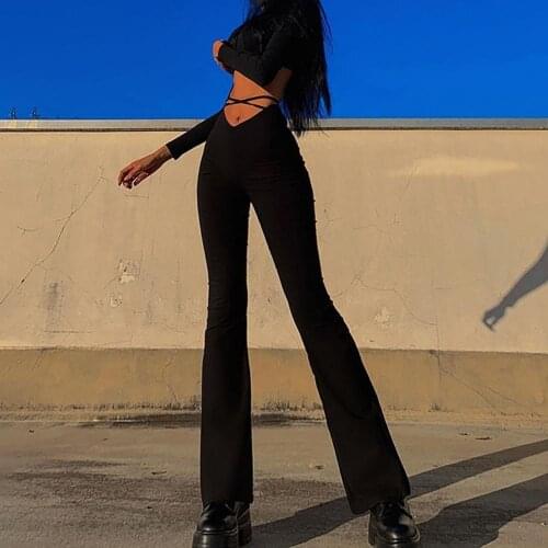Flared Pants Women Pants Club Trousers Lace Up Crossed Strap Casual Flare Pants Navel-exposed V Shape Waist Trousers Streetwear