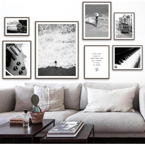Black White Record Guitar Piano Sea Waves Wall Art Canvas Painting Nordic Posters And Prints Wall Pictures For Livig Room Decor