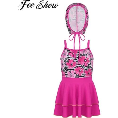Kids Girls Children Beach Swimwear Swimming Bathing Suit Adjustable Straps Sleeveless Open Upper Back Layered Dress with Hat