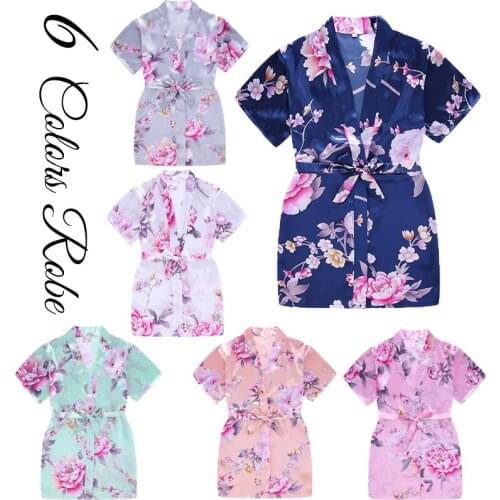 4/8/12 Size Girl Child Floral Silk Kids Kimono Flower Bridesmaid Bride Robe Women Satin Robes Wedding Nightgown Dress Bathrobe