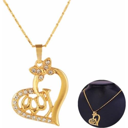 Muslim Islamic God Allah Charm Pendant Necklace Religion Jewelry Arabic Women Heart Shape Mosaic Rhinestone Gold Color