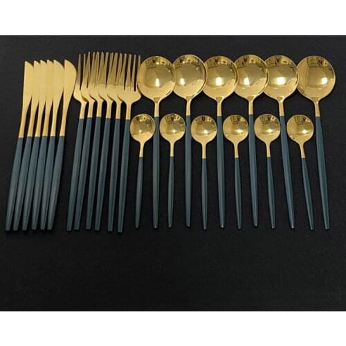 New 24Pcs New Green Gold Cutlery Set Mirror Dinnenrware Set Stainless Steel Flatware Dinner Knife Fork Spoon Teaspoon For Home