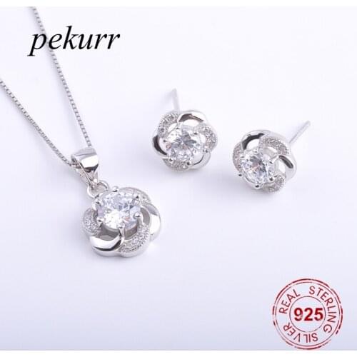 Pekurr 925 Sterling Silver Big Gems Round Clove Flower Earrings Necklace Sets For Women Crystal Pendants Party Jewelry Sets
