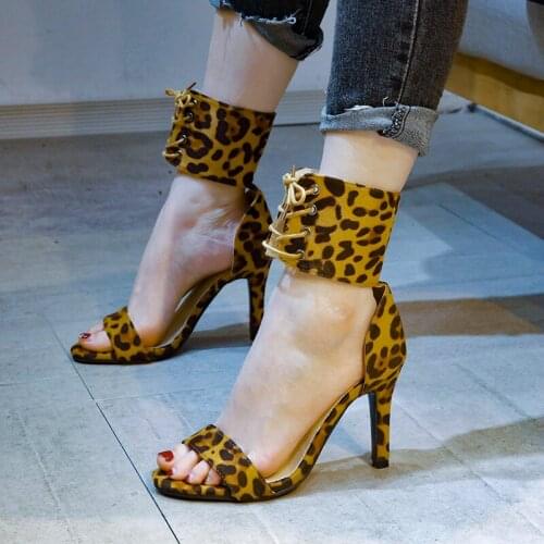 Summer Leopard Print Stiletto Sandals Feminine Open Toe Wrap Ankle Lace-up Shoes Ladies Fashion Party Dress Striptease Shoes 43