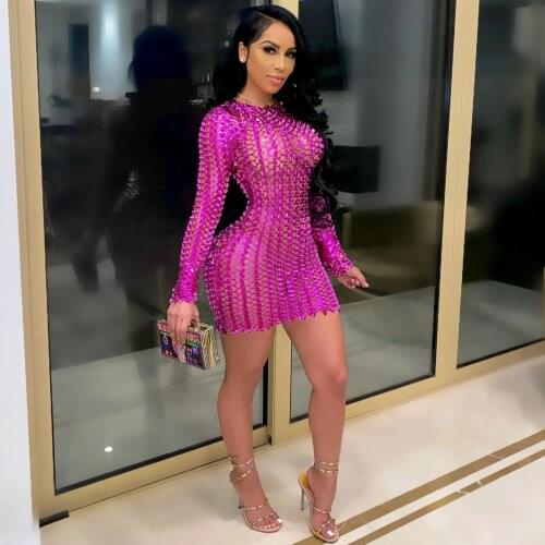 Hirigin Sexy Sheer Bodycon Mini Dress for Women Fashion Clothes Slim Long Sleeve Hollow Out Birthday Night Party Club Dresses