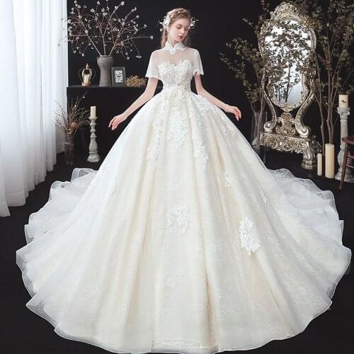 Vestido De Noiva Princesa Ball Gown Wedding Dress Plus Size Short Sleeve Luxury Hochzeitskleid High Neck Sukienka Na Wesele