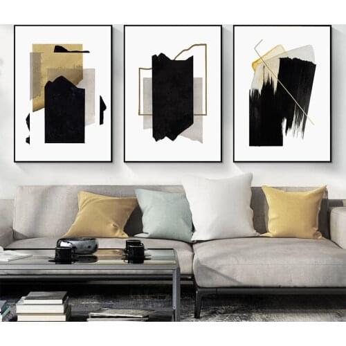 Vintage Golden Black Brush Effect Abstract Geometric Canvas Painting Wall Art Print Poster Picture Living Room Decor for Home