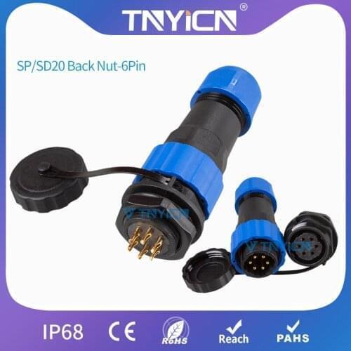 Waterproof Connector IP68 SP/SD20 Back Nut-6Pin Electrical Wire Connector Male&Female Set Plugs and Sockets Panel Mount Led Jack