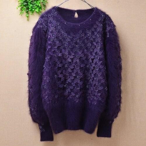 Ladies women vintage angora rabbit hair knitted round neck flower embroidery beaded long lantern sleeves pullover jumper sweater