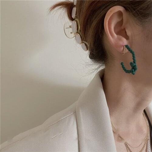 TIMEONLY Yellow Green Royal Blue Beads Earrings for Women Girls Beading C Shape Geometric Open Hoop Earrings Statement Jewelry