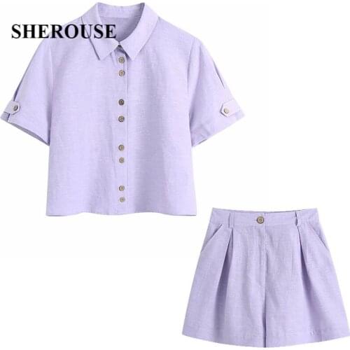 2021 Summer New Women 2 Pieces Set Short Sleeve Buttoned Shirt And Pleated Shorts Suit Chic Lady Fashion Casual Women Suit