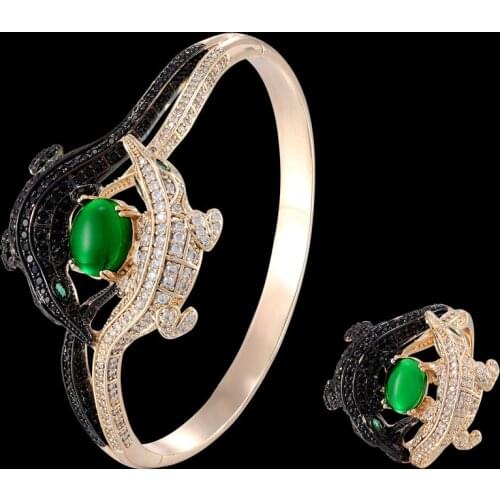 Zlxgirl jewelry Women size Gold green stone with miro pave zircon crocodile bangle with ring wedding jewelry sets women gifts