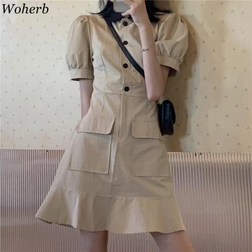 Woherb Vintage Puff Sleeve Cargo Dress Women Khaki Mini Pockets Dresses Korean Sweet Robe 2021 Chic Streetwear Summer Vestidos