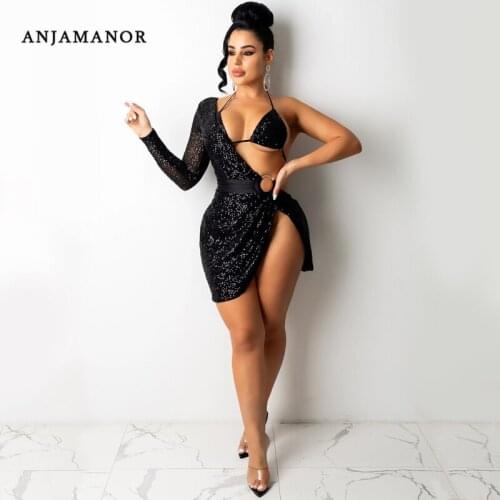 ANJAMANOR Luxury Sexy Sequin Dresses for Women Party Clubwear Asymmetrical Cutout One Shoulder Long Sleeve Mini Dress D42-ED33