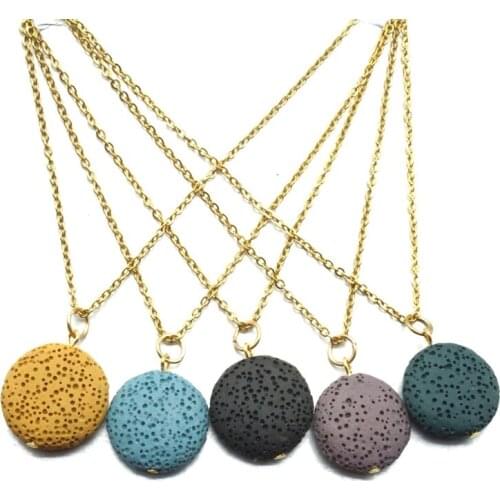 13 Colors Round Lava Stone Aroma Essential Oil Diffuser Necklace Aromatherapy Jewelry Gold Chain Lava Rock Stone Necklace