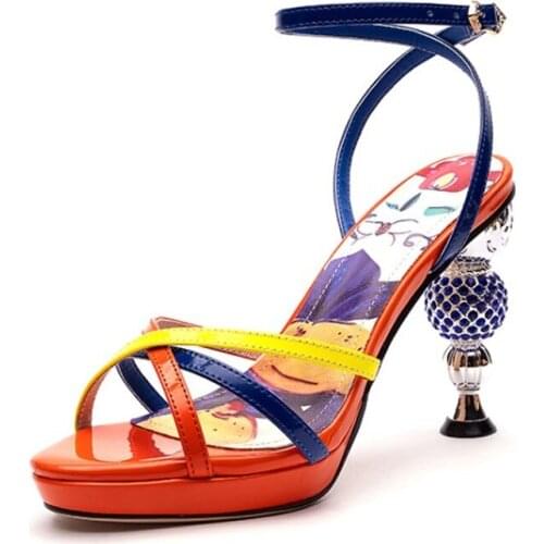 3D Flower Fashion Patent leather Womens Sandals 2021 New Summer Orange Genuine Leather Platform High Heeled Shoes Big Size34-43