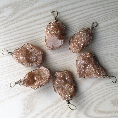 Fashion Handcrafted Wire Irregular Natural Stone Agates Druzys Pendants Necklace Plate Yellow Blue AB For Jewelry Making 5PCS