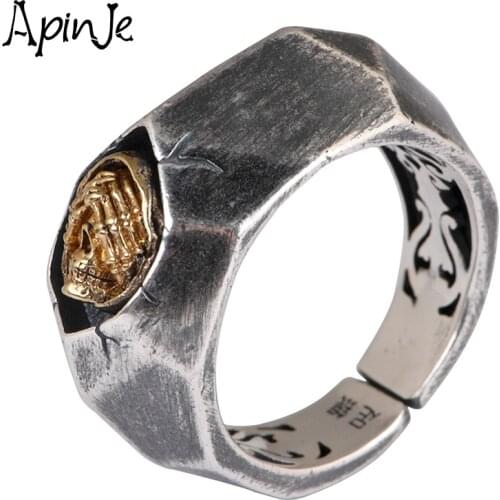 Apinje Real 925 Sterling Silver Open Ring for Men Retro Skull Punk Ring Antique Jewelry