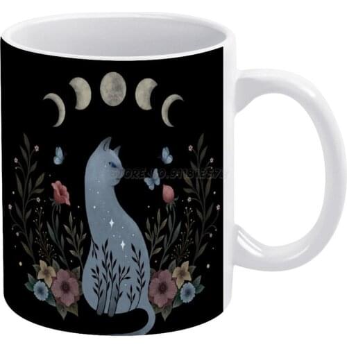 Cat on The Hill White Mug 11oz Funny Ceramic Coffee Tea Milk Cups Night Night Garden Moon Moon Phase Moon Light Moonshine Garden