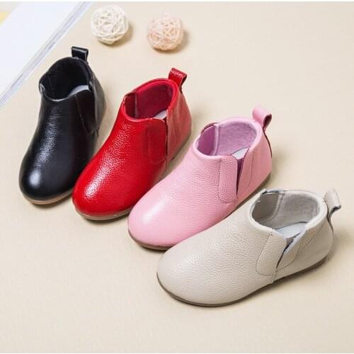 Girls and Boys Solid Genuine Leather Shoes with Flat, Childrens Soft Fashion Ankle Boots, Pink, Red, White, Black, size 21-30