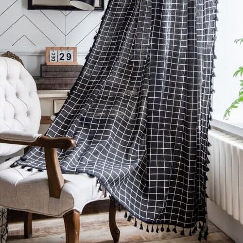 Black Geometric Grid Print Cotton And linen Tassel Bohemian Semi-Shading Style Kitchen Curtain Country Style Bedroom Window
