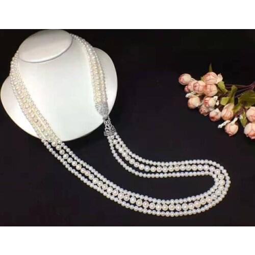 Womens jewelry 3rows 75-80cm micro inlaid zircon accessories white freshwater pearl necklace long sweater chain