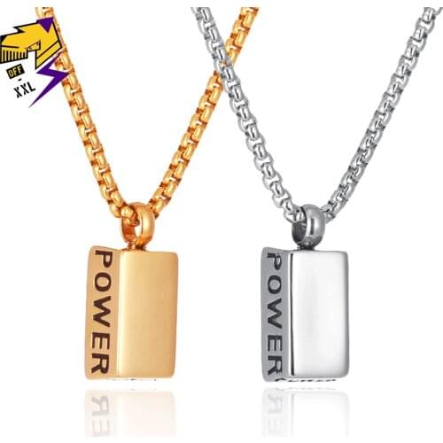 Hiphop/Rock Cube Bar Pendant Necklace Letter Power Bullion Necklace for Male Gold Color Stainless Steel Chains Necklace Women