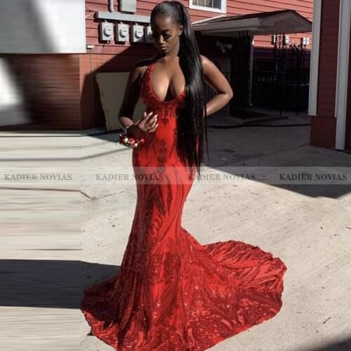 KADIER NOVIAS Long Sexy Red Mermaid Prom Dresses 2021 with Long Train Backless Halter Neck Sequins Evening Party Gowns