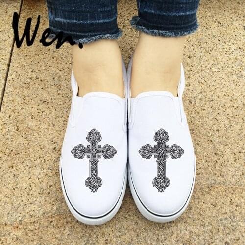 Wen White Canvas Skate Shoes for Female Male Floral Pattern Cross Original Design Slip On Black Girl Boy Flat Sneakers Pumps